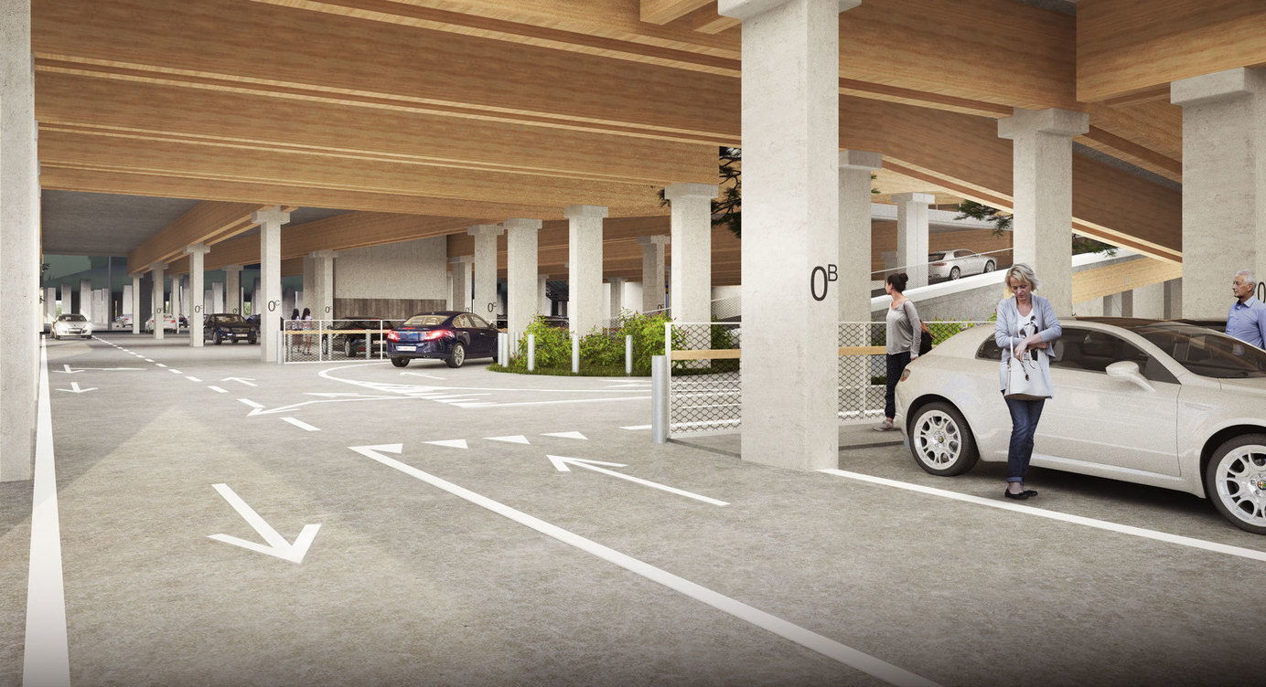Toekomstbeeld van in het nieuwe park & ride gebouw op Linkeroever