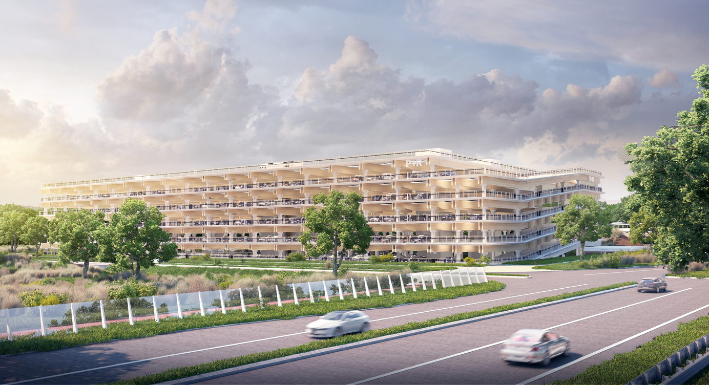 Impressie van het nieuwe parkeergebouw aan de Park+Ride op Linkeroever, gelegen aan de halte van de tram.