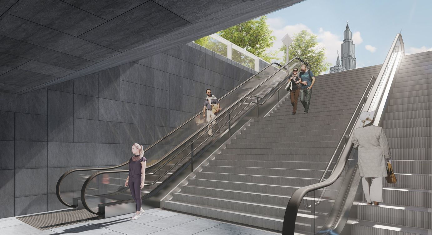 Toekomstbeeld toegang tot het plein vanuit de premetro.