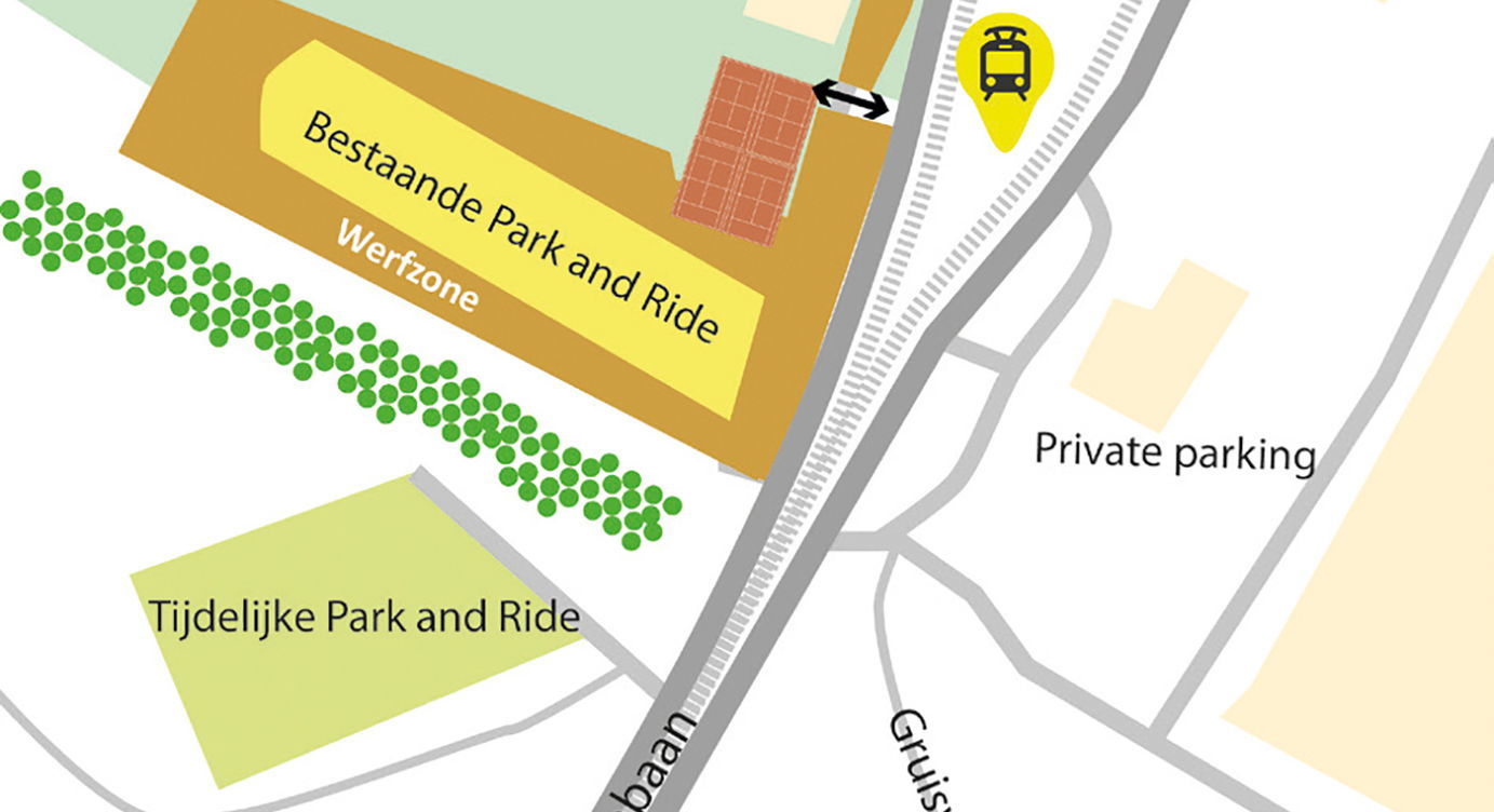 De tijdelijke Park and Ride in Merksem ligt een 50-tal meter verder op de Bredabaan richting Merksem