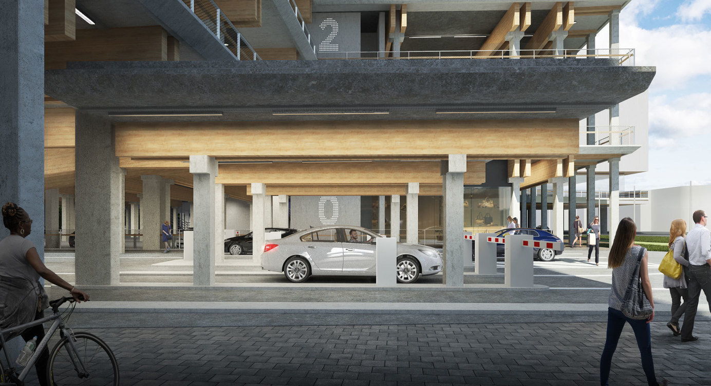 Toekomstbeeld van de ingang van het nieuwe parkeergebouw op Luchtbal